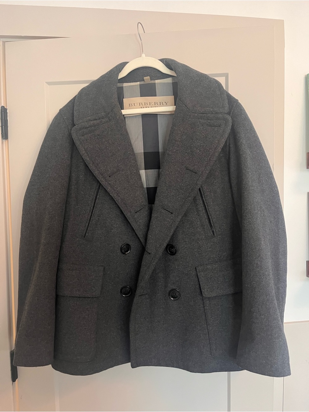 Burberry Brit men’s wool Gray Double-Breasted Wool Peacoat